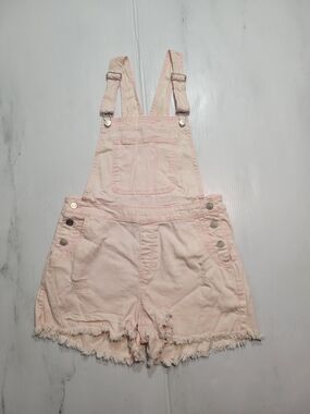 No Boundaries Light Pink Distressed Denim Shortalls Womens M 7-9 Raw Hem Overall